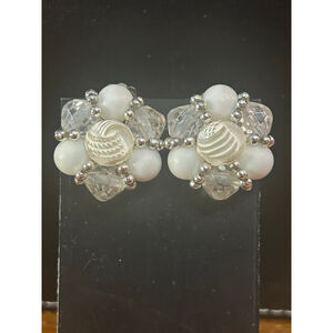 Women's carved acrylic White and Silver Beaded Clip-On Earrings, One Size
